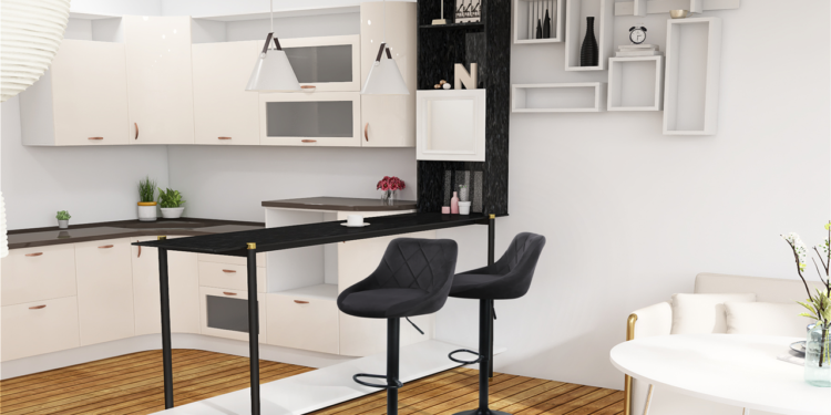 Welurowe krzesła i hokery w wielofunkcyjnym salonie